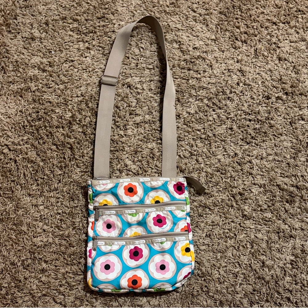 Le SportSac Colorful Floral Three Zip Crossbody Bag ( read description)